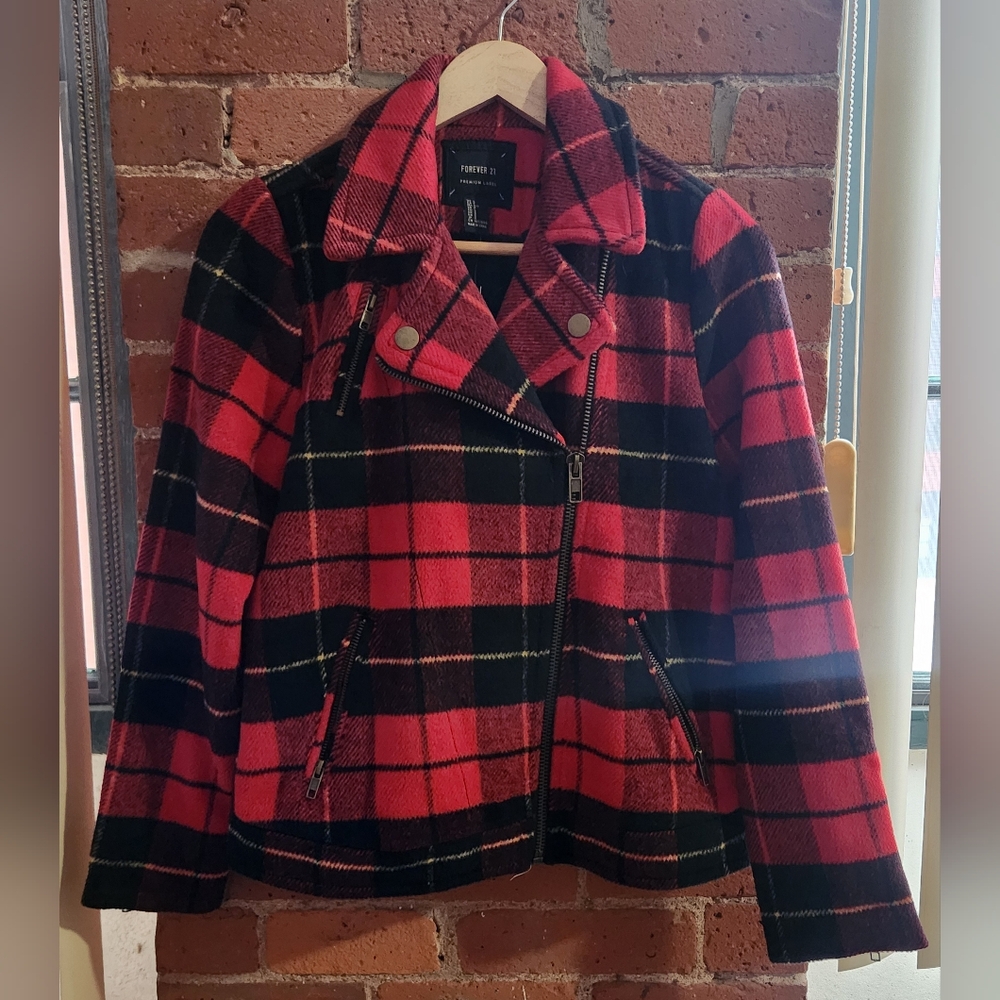 Wool-Blend Plaid Motorcycle Zip Jacket Red, Black & Tan Small NWT